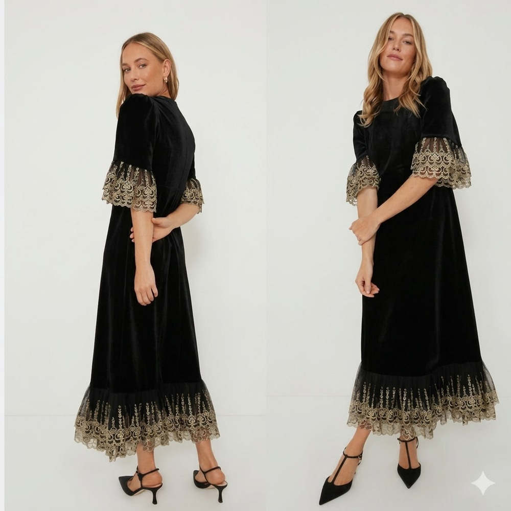 POMANDER PLACE Black Velvet Lillith Dress Gold Lace Trim Size M NWT